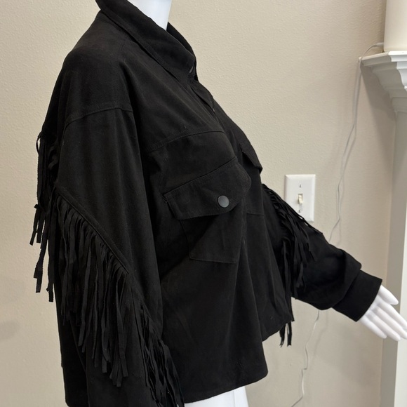 KORI Black Faux Suede Western Fringe Snap Shirt Jacket Womens Size Large Shacket - Picture 5 of 13